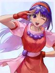  1girl asamiya_athena earrings fingerless_gloves gloves hair_ornament hairband highres jewelry long_hair looking_at_viewer one_eye_closed oni_gini psycho_soldier purple_eyes purple_hair red_hairband smile solo star_(symbol) star_hair_ornament the_king_of_fighters 