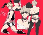  1boy abs ass backless_pants bad_id bad_pixiv_id bakugou_katsuki bandaged_arm bandages black_footwear black_gloves blindfold blonde_hair boku_no_hero_academia collarbone from_behind gloves hat high_heels holding holding_clothes holding_hat jpeg_artifacts kneeling looking_at_viewer male_focus male_playboy_bunny money money_tuck multiple_views nipples pants rabbit_tail red_background red_eyes spiked_hair standing tail thong toned toned_male wrist_cuffs 