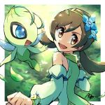  1girl :d ayo_(ayosanri009) bangs bare_shoulders blue_eyes blue_flower border brown_eyes brown_hair celebi commentary_request detached_sleeves eyelashes falling_leaves flower green_hairband hair_flower hair_ornament hairband leaf long_hair lyra_(pokemon) official_alternate_costume open_mouth pokemon pokemon_(creature) pokemon_(game) pokemon_masters_ex signature smile tongue twintails white_border 