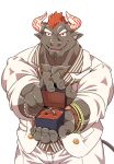  1boy animal_ears bara bead_bracelet beads bracelet brown_fur cow_ears cow_horns formal furry furry_male grausummon gyumao_(housamo) horns jewelry looking_at_viewer male_focus minotaur mohawk muscular muscular_male necklace pants proposal ring ring_box shirt short_hair smile solo striped striped_shirt suit thick_eyebrows tokyo_afterschool_summoners upper_body white_background white_pants white_suit 