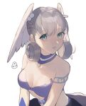  1girl bare_shoulders bikini blue_eyes blush braid breasts crown_braid curly_hair head_wings highres long_hair looking_at_viewer medium_breasts melia_antiqua mirin. simple_background solo strapless strapless_bikini swimsuit upper_body xenoblade_chronicles xenoblade_chronicles:_future_connected xenoblade_chronicles_(series) 