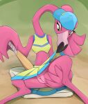  anthro avian baseball_flamingo_(bna) beak bird brand_new_animal clothed clothing female flamingo genitals hat headgear headwear hi_res honeymono no_underwear pink_body pussy solo studio_trigger 