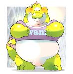  2022 absurd_res alligator alligatorid anthro belly big_belly blush clothing crocodilian green_body hi_res kemono m2vcjtad5hsdvla overweight reptile scalie shirt solo text text_on_clothing text_on_shirt text_on_topwear topwear white_body 