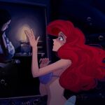  1girl ariel_(disney) bare_arms blue_eyes bra bubble candle curly_hair disney fire flame highres mermaid monster_girl okitafuji outstretched_hand painting_(object) red_hair shell shell_bikini solo stomach the_little_mermaid underwater underwear 
