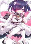  1girl alternate_costume azur_lane blush bob_cut breasts cleavage detached_sleeves enmaided feathers gloves hair_ornament hair_over_one_eye hat heart heart_background highres holding holding_staff holding_weapon jervis_(azur_lane) looking_at_viewer maid medium_breasts nurse_cap purple_eyes purple_hair ribbon simple_background staff umidemi weapon wings 