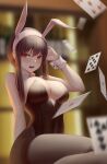 1girl absurdres alternate_costume animal_ears bangs bare_shoulders black_hair black_legwear blurry blurry_background breasts card cleavage depth_of_field detached_collar earrings english_commentary fake_animal_ears falling_card gold_earrings hairband hand_up heart highres jewelry large_breasts leotard long_hair looking_at_viewer mark_renz_purio open_mouth pantyhose playboy_bunny playing_card rabbit_ears red_eyes sidelocks sitting solo spade_(shape) spy_x_family strapless strapless_leotard thighband_pantyhose white_hairband wrist_cuffs yor_briar 