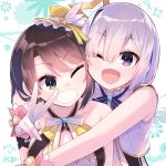  2girls :d amane_kanata bare_arms black_skirt brown_hair gloves green_eyes grey_hair hikawa_shou hololive hololive_idol_uniform hug hug_from_behind idol looking_at_another looking_at_viewer multiple_girls official_alternate_costume oozora_subaru purple_eyes short_hair skirt sleeveless smile upper_body virtual_youtuber white_gloves wrist_cuffs 