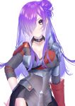  1girl armor breasts choker cleavage closed_mouth fire_emblem fire_emblem:_three_houses fire_emblem_warriors:_three_hopes hair_bun hair_over_one_eye highres kita_282 large_breasts long_hair looking_at_viewer medium_breasts purple_eyes purple_hair shez_(fire_emblem) shez_(fire_emblem)_(female) shoulder_armor upper_body 