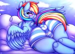  2022 absurd_res anus_outline blue_body blue_feathers blush butt clothing cloud cutie_mark digital_media_(artwork) equid equine feathered_wings feathers female friendship_is_magic hasbro heavymetalbronyyeah hi_res looking_at_viewer looking_back mammal multicolored_tail my_little_pony on_cloud outside pattern_clothing pegasus rainbow_dash_(mlp) rainbow_tail rear_view solo striped_clothing stripes tongue tongue_out wings 