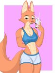  2022 abs anthro athletic athletic_anthro athletic_female bottomwear breasts canid canine cellphone cleavage clothed clothing crop_top diane_foxington dreamworks eyebrow_piercing f_draws facial_piercing female fox fur hand_behind_back hi_res holding_object holding_phone mammal midriff nipple_outline orange_body orange_fur phone piercing portrait shirt shorts solo the_bad_guys three-quarter_portrait topwear 
