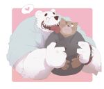  2022 absurd_res anthro belly big_belly blush brown_body canid canine clothing dumdum duo embrace eyes_closed hi_res hug hugging_from_behind humanoid_hands kemono male male/male mammal overweight overweight_male polar_bear shirt simple_background size_difference topwear ursid ursine white_body 