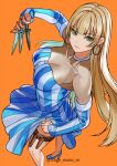  1girl absurdres blonde_hair breasts choker cleavage detached_sleeves dress earrings green_eyes high_heels highres hime_cut jewelry kagematsuri knife large_breasts ratchet_altair sakura_taisen strapless strapless_dress striped striped_dress thigh_strap throwing_knife tube_dress twitter_username weapon 