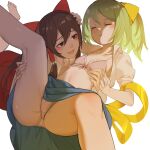  2girls bangs black_eyes blue_skirt blush bow bra breasts brown_hair cleavage closed_eyes closed_mouth colored_skin commentary_request cookie_(touhou) daiyousei diyusi_(cookie) feet_out_of_frame flat_chest frilled_hair_tubes frills green_hair hair_bow hair_tubes hakurei_reimu hand_on_another&#039;s_head jiyu_(jiyusi) medium_hair multiple_girls navel noel_(cookie) open_mouth panties pink_bra pink_nails ponytail red_bow shirt short_sleeves simple_background skirt touhou underwear undressing_another white_background white_panties white_shirt white_skin yellow_bow yuri 