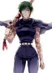  1girl bandages bangs belt breasts burn_scar capelet closed_mouth commentary_request glasses green_hair high-waist_pants holding holding_sword holding_weapon jujutsu_kaisen large_breasts looking_at_viewer muscular muscular_female nori20170709 one_eye_covered pants round_eyewear scar short_hair simple_background solo spoilers sword weapon white_background yellow_eyes zen&#039;in_maki 