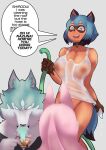  absurd_res anthro beverage blue_body blue_eyes blue_fur blue_hair brand_new_animal breasts brown_body brown_fur canid canine canis clothed clothing collar container cup dialogue digital_media_(artwork) duo english_text female fox fur gloves_(marking) group hair hi_res hose male mammal markings michiru_kagemori mr.russo multicolored_eyes nazuna_hiwatashi nipples pink_body pink_fur pink_hair raccoon_dog shirou_ogami spitting_drink studio_trigger tanuki tea_cup text wet wet_body wet_clothing wet_fur white_body white_fur wolf 