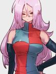  1girl android_21 breasts checkered_clothes checkered_dress closed_mouth dragon_ball dragon_ball_fighterz dress glasses grey_background hair_between_eyes hand_on_hip kemachiku long_hair looking_at_viewer majin_android_21 medium_breasts pink_hair red_eyes simple_background solo 