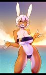  ahoge anthro beach black_bars breasts chest_tuft cleavage clothed clothing cloud digital_media_(artwork) female gris_swimsuit hair hi_res lagomorph leporid letterbox looking_at_viewer mammal meme meme_clothing navel one-piece_swimsuit open_mouth outside portrait rabbit seaside shaded solo standing sunset swimwear text three-quarter_portrait translucent translucent_clothing translucent_swimwear tuft under_boob water white_hair yellow_eyes zeekzag 