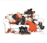 aak_(arknights) absurd_res anthro arknights barefoot black_body black_fur black_hair black_pawpads canid canine canis clothed clothing domestic_dog duo ear_piercing ear_ring eyes_closed feet felid footwear fur furniture hair hi_res hung_(arknights) hypergryph lying lying_on_another lying_on_sofa male mammal multicolored_body multicolored_fur multicolored_hair on_sofa pawpads piercing shoes simple_background sleeping sofa studio_montagne tan_body tan_fur video_games white_background white_body white_fur white_hair yuyanshu13 