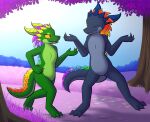  2021 anthro beryl_the_gembold brother brother_and_sister corundum_the_gembold duo female gembold hi_res kobold male nude outside purple_grass purple_tree scalie sibling sister w0lfmare walking yellow_eyes 
