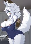  2022 5_fingers anthro areola areola_slip big_breasts black_nose blush breasts brown_body brown_fur canid canine chest_tuft claws cleavage clipboard clothed clothing curvy_figure dipstick_ears embarrassed female finger_claws fingers fluffy fluffy_tail fox fur gloves_(marking) green_eyes hair hi_res huge_breasts inner_ear_fluff kemono koorinezumi locker locker_room long_hair looking_at_viewer mammal markings multicolored_ears nipple_slip one-piece_swimsuit pawpads paws pencil_(object) portrait school_swimsuit silver_hair solo swimwear thick_thighs three-quarter_portrait tight_clothing tuft voluptuous whistle_(object) white_body white_fur wide_hips winter_coat writing_utensil 