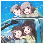  4girls :d ayase_honoka blue_sky blush car contrail falling_petals frilled_square_(idolmaster) ground_vehicle highres idolmaster idolmaster_cinderella_girls kataran_talgo kitami_yuzu kudo_shinobu looking_at_viewer momoi_azuki motor_vehicle mountain multiple_girls outdoors petals sky smile 