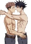  2boys abs arms_around_neck belt black_hair blue_eyes brown_eyes commentary_request eye_contact face-to-face facial_mark fushiguro_megumi hands_on_another&#039;s_hips itadori_yuuji jujutsu_kaisen looking_at_another male_focus multiple_boys nori20170709 noses_touching pants pectorals pink_hair short_hair simple_background spiked_hair toned toned_male topless_male undercut white_background yaoi 