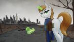  absurd_res apocheck13 butt city cityscape dock equid equine fallout_equestria fan_character female feral gun hasbro hi_res horn littlepip looking_at_viewer looking_back magic mammal my_little_pony plant ranged_weapon rear_view ruins saddle_bag solo tree unicorn wasteland weapon 