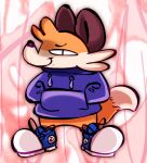 abstract_background anthro black_nose bottomless canid canine chibi clothed clothing dipstick_tail footwear fox fur hand_in_pocket hi_res hoodie leg_markings looking_at_viewer male mammal markings orange_body orange_fur pockets pupils salamikii shoes slit_pupils smile smug sneakers socks_(marking) solo soups_(superiorfox) standing tail_markings topwear 