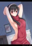  1girl :o alternate_costume arms_up backless_outfit bare_arms black_hair blurry blurry_background blush breasts dated eyebrows_visible_through_hair gecotan hairband highres indoors large_breasts long_hair looking_at_viewer meme_attire parted_lips picture_frame red_eyes red_sweater short_hair_with_long_locks sideboob sidelocks solo spy_x_family sweater television turtleneck turtleneck_sweater virgin_killer_sweater white_hairband yor_briar 