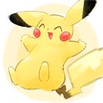  1:1 ambiguous_gender colored dipstick_ears eyes_closed feral fur jumping multicolored_ears netchy_boo nintendo open_mouth pikachu pok&eacute;mon pok&eacute;mon_(species) red_cheeks simple_background smile solo video_games yellow_body yellow_fur 