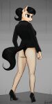  absurd_res anthro apocheck13 butt clothing ears_up earth_pony equid equine female fishnet fishnet_legwear full-length_portrait hasbro hi_res high_heels horse jacket legwear lipstick looking_away makeup mammal my_little_pony pony portrait rear_view simple_background solo thong topwear underwear 
