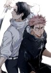  2boys back-to-back bangs belt black_hair black_hoodie black_pants brown_eyes closed_mouth commentary_request facial_mark high_collar holding holding_weapon hood hoodie itadori_yuuji jacket jujutsu_kaisen katana long_sleeves looking_at_viewer male_focus multiple_boys nori20170709 okkotsu_yuuta pants pink_hair scar scar_on_face serious simple_background sword undercut weapon white_background white_jacket zipper zipper_pull_tab 