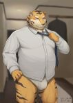  2021 absurd_res anthro barontoko belly big_belly blush bulge clothing detailed_background felid hi_res humanoid_hands inside kemono male mammal overweight overweight_male pantherine shirt solo tiger topwear underwear undressing 