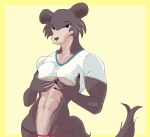  2022 abs anthro beastars breasts brown_body brown_fur canid canine canis clothed clothing f_draws female front_view fur half-length_portrait hi_res holding_breast juno_(beastars) mammal muscular muscular_anthro muscular_female portrait raised_clothing raised_shirt raised_topwear shirt solo thong topwear under_boob underwear wolf 