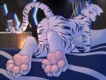  3dinoz 4_toes all_fours anthro anus butt feet felid fur looking_at_viewer looking_back looking_back_at_viewer male mammal nude pantherine pawpads paws pink_pawpads rear_view smile soles solo stripes tiger toes white_body white_fur 
