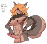 2022 anthro blonde_hair blue_eyes breasts brown_body brown_fur canid canine canis corablue dialogue english_text erection fur gynomorph hair intersex kuon_(telson) looking_at_viewer mammal navel nipples scar simple_background smile solo text white_background wolf 