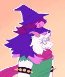  3_toes alternate_universe anthro armband barefoot bovid caprine carrying clothing darkner deltarune deltaswap digitigrade duo eyewear feet female frown fur glaring glasses goat hair hair_over_eyes hat headgear headwear horn larger_male long_ears male mammal meow-wows on_shoulders ralsei robe scalie shirt size_difference smaller_female smile spiked_armband spikes susie_(deltarune) toes topwear undertale_(series) video_games white_body white_fur white_hair wizard_hat 
