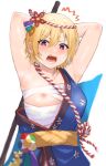  1girl ^^^ absurdres armpits arms_behind_head bangs blonde_hair blue_kimono blush chest_sarashi commentary_request eyebrows_visible_through_hair floral_print hachimaki hadanugi_dousa hair_between_eyes headband highres idolmaster idolmaster_shiny_colors japanese_clothes kakeru_(fujiwara_kakeru) kimono nejiri_hachimaki nipple_slip nipples obi open_mouth purple_eyes saijo_juri sarashi sash short_hair simple_background solo surprised sweat upper_body white_background 