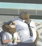  2022 anthro belly big_belly bottomwear clothing detailed_background duo embrace hi_res hug human kakukaku kemono male mammal necktie outside overweight overweight_male pants shirt topwear ursid 