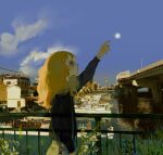  1girl arm_up azigashimitoru bag black_jacket blonde_hair blue_eyes bridge building cloud commentary day dock flower from_side grass handbag jacket long_hair original outdoors pointing power_lines railing scenery ship sky solo standing town transparent upper_body water watercraft 