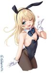  1girl alternate_costume animal_ears artist_name black_legwear blonde_hair blue_eyes bow bowtie breasts cowboy_shot detached_collar ebifurya eyebrows_visible_through_hair fake_animal_ears gloves heart highres jervis_(kancolle) kantai_collection leotard long_hair one-hour_drawing_challenge one_eye_closed playboy_bunny rabbit_ears rabbit_tail sideboob simple_background small_breasts solo spoken_heart tail white_background white_gloves 