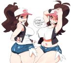  1girl armpits ass baseball_cap blue_eyes blush breasts collarbone crop_top crop_top_overhang hat hilda_(pokemon) holding holding_hair large_breasts midriff multiple_views navel one_eye_closed open_mouth pokemon pokemon_(game) pokemon_bw ponytail shirt white_headwear white_shirt whoopsatro 