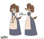  2020 4_fingers apron black_eyes brown_body brown_fur brown_nose canid canine canis catie_wormdale clothing crossed_arms domestic_dog dress female fingers frown fur hiroshark mammal model_sheet pockets signature solo tan_body tan_fur the_sunflower_monument 