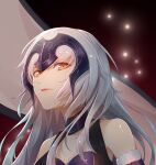  1girl absurdres ar_(3779609928) bare_shoulders black_dress closed_mouth commentary_request detached_sleeves dress eyebrows_visible_through_hair fate/grand_order fate_(series) flag fur-trimmed_sleeves fur_trim grey_hair headpiece highres jeanne_d&#039;arc_alter_(avenger)_(fate) jeanne_d&#039;arc_alter_(avenger)_(third_ascension)_(fate) jeanne_d&#039;arc_alter_(fate) light_particles lips long_hair looking_at_viewer orange_eyes pink_lips solo upper_body very_long_hair white_flag 