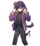  1boy absurdres adjusting_hood animal_hood belt black_hair black_pants blush chain coin_on_string dog_hood dog_tail ear_piercing highres hood indie_virtual_youtuber jacket knife lilyglazed long_sleeves looking_at_viewer male_focus open_clothes open_jacket pants piercing purple_eyes purple_jacket short_hair shoto_(vtuber) standing tail thigh_strap tsundere virtual_youtuber white_background 