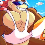  anthro ape bandanna clothing digital_media_(artwork) donkey_kong_(series) eyewear fizzyjay funky_kong haplorhine hi_res kerchief male mammal muscular muscular_male nintendo pecs primate shirt simple_background smile solo sunglasses tank_top topwear video_games 