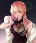  1girl 3_small_spiders absurdres bangs bare_shoulders black_dress black_gloves blonde_hair breasts cleavage closed_mouth collarbone commentary dress eyebrows_visible_through_hair feather_boa finger_to_mouth girls&#039;_frontline gloves highres light_blush long_hair looking_at_viewer medium_breasts official_alternate_costume orange_eyes ots-14_(girls&#039;_frontline) ots-14_(sangria_succulent)_(girls&#039;_frontline) smile solo upper_body 