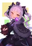  1girl :d absurdres animal_ear_fluff animal_ears bangs black_bow black_capelet black_dress blush bow brown_eyes capelet cat_ears commentary_request crown dress frilled_sleeves frills fur-trimmed_capelet fur_trim grey_hair hair_bow highres holding hololive long_hair long_sleeves looking_at_viewer mini_crown murasaki_shion ohihil smile solo twintails v-shaped_eyebrows very_long_hair virtual_youtuber white_background wide_sleeves 