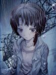  1girl asymmetrical_hair cloud cloudy_sky english_commentary expressionless hair_ornament hairclip highres iwakura_lain jacket looking_at_viewer mohato_official open_clothes open_jacket power_lines rain serial_experiments_lain short_hair single_sidelock sky solo transmission_tower upper_body upside-down water_drop wet wet_clothes wet_hair wet_lens x_hair_ornament 
