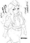  2019 5_fingers anthro belt between_breasts big_breasts biped black_and_white bottomwear breast_pockets breasts canid canine canis clothed clothing digital_media_(artwork) domestic_dog female fingers floppy_ears fully_clothed fur garrison_cap hair hat headgear headwear humanoid_hands japanese_text kemono line_art long_hair mammal monochrome mouth_closed necktie_between_breasts police police_officer police_uniform shirt simple_background skirt snout solo teteteko text tight_bottomwear tight_clothing tight_skirt topwear translation_request uniform walking white_background 
